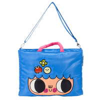 Blue bag with cartoon face design on a white background