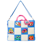 Checkered bag with cartoon character faces on a white background