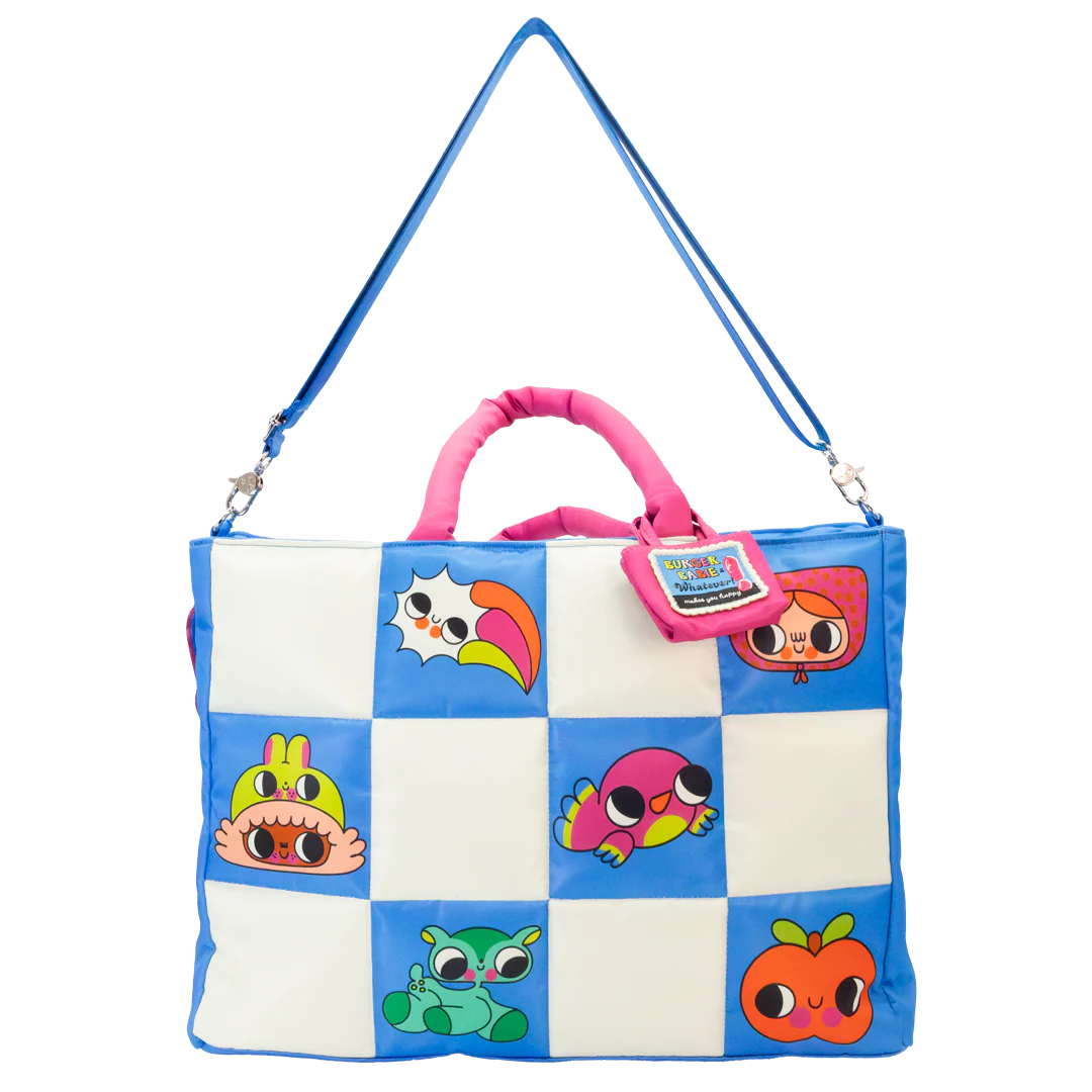 Checkered bag with cartoon character faces on a white background