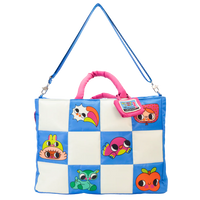 Checkered bag with cartoon character faces on a white background