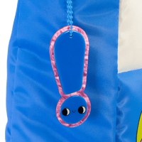 Blue backpack with a pink character-shaped zipper pull on a white background