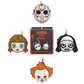 Five mini crossbody bags inspired by horror movie characters, including Jason Voorhees, Pennywise, Annabelle, Dr.acula, and Peter Pan, arranged around a central 'Horror Whovets! Mystery Mini Crossbody' packaging box on a white background.