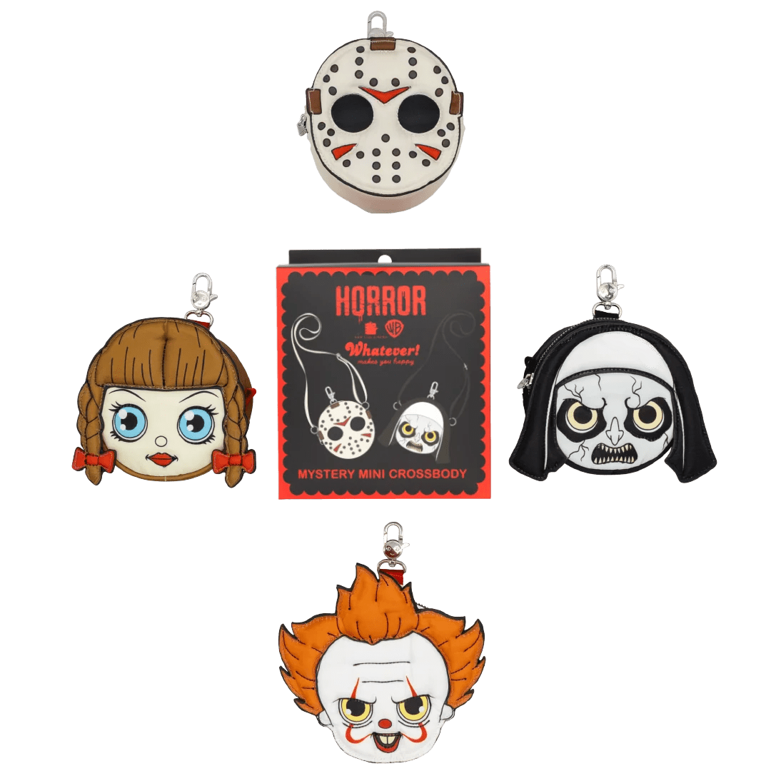 Five mini crossbody bags inspired by horror movie characters, including Jason Voorhees, Pennywise, Annabelle, Dr.acula, and Peter Pan, arranged around a central 'Horror Whovets! Mystery Mini Crossbody' packaging box on a white background.