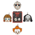 Five mini crossbody bags inspired by horror movie characters, including Jason Voorhees, Pennywise, Annabelle, Dr.acula, and Peter Pan, arranged around a central &