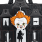A black nylon tote bag with multiple utility pockets, featuring a hanging plush keychain of a creepy clown character with orange hair, white face, and red and yellow details.