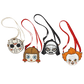 Four small crossbody-style pouches shaped like horror character faces, arranged side by side on a plain white background. The designs resemble Jason Voorhees, a girl with pigtails, Darth Vader, and Pennywise the Clown, each with a long strap and a small front pouch.