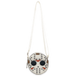 A circular crossbody bag designed to look like a hockey mask, featuring a white base with black studs, black eyes, red accents, and a long white shoulder strap, shown against a plain white background.