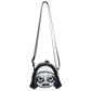 A small black and white crossbody bag featuring a stylized skull face design with yellow eyes on the front, shown against a plain white background.