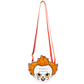 A small crossbody bag featuring a cartoon clown face with orange hair, a white face, and red makeup details, suspended from a red strap against a plain white background.