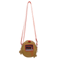A small round tan crossbody bag with a bright red strap and a red front patch reading 'HORROR' and 'Whatever', shown on a plain white background.