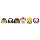 Six small horror-themed character figurines lined up side by side on a plain white background.