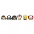 Six small horror-themed character figurines lined up side by side on a plain white background.
