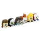 A row of six small stylized character figures with oversized heads and expressive eyes, arranged diagonally on a plain white background. The figures have different hair colors including brown, black, light blue, orange-brown, yellow, and red, and pale skin tones.