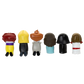 Six small character figurines shown from the back in a row on a plain white background. The figures have different hair colors and outfits, including red, yellow, brown, gray, black, light blue, and white.