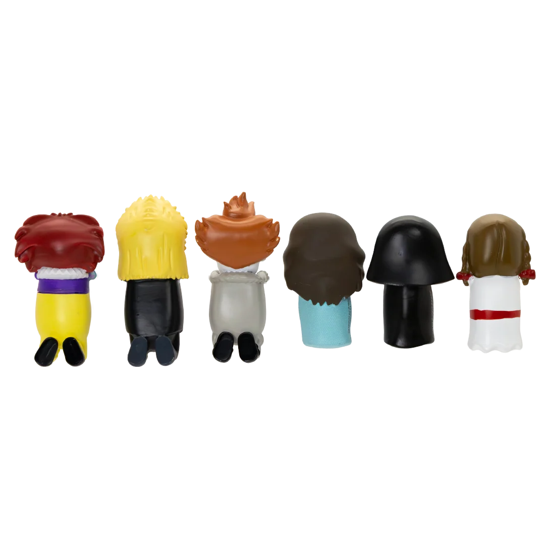Six small character figurines shown from the back in a row on a plain white background. The figures have different hair colors and outfits, including red, yellow, brown, gray, black, light blue, and white.