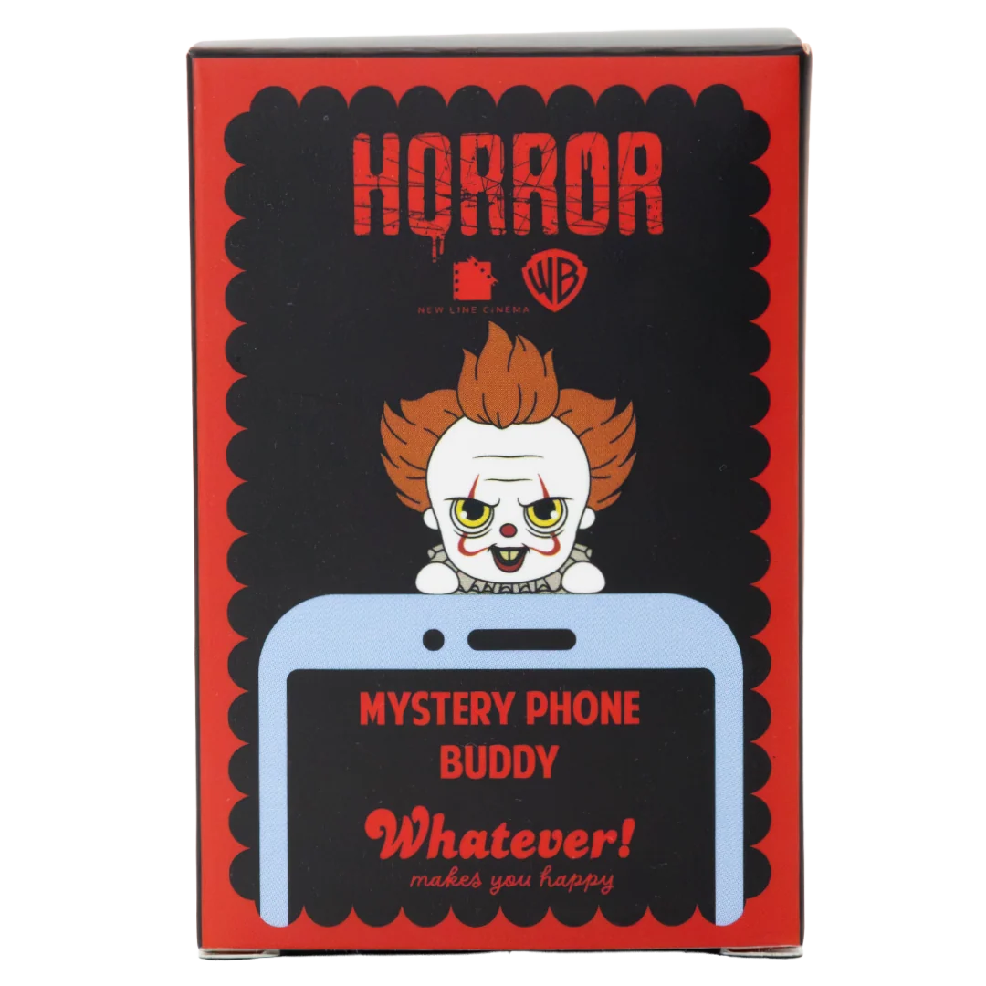 A product box for a 'Horror Mystery Phone Buddy' featuring Pennywise the Clown character art and branding from Warner Bros. New Line Cinema, with a red and black design and a light blue phone graphic.
