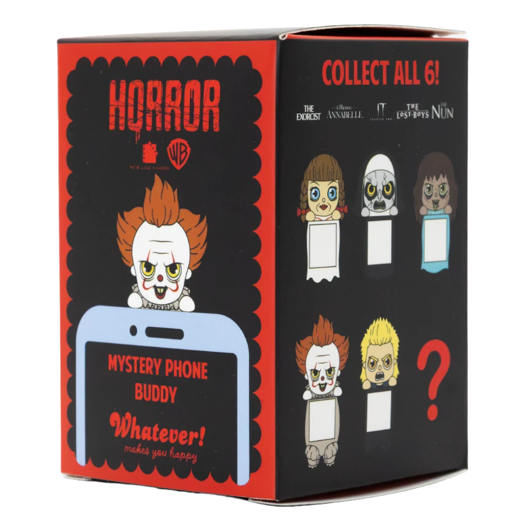 A mystery phone buddy collectible box featuring horror movie characters including Pennywise, The Exorcist, The Addams Family, and The Nun. The packaging is black and red with illustrations of the characters and a placeholder phone graphic.