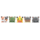 Five small plush cat figures lined up side by side on a plain white background. The cats have distressed, zombie-like or horror-themed painted faces and varied colors: one orange/white/black tri-color cat, one green cat, one yellow cat, one gray cat, and one dark gray cat.