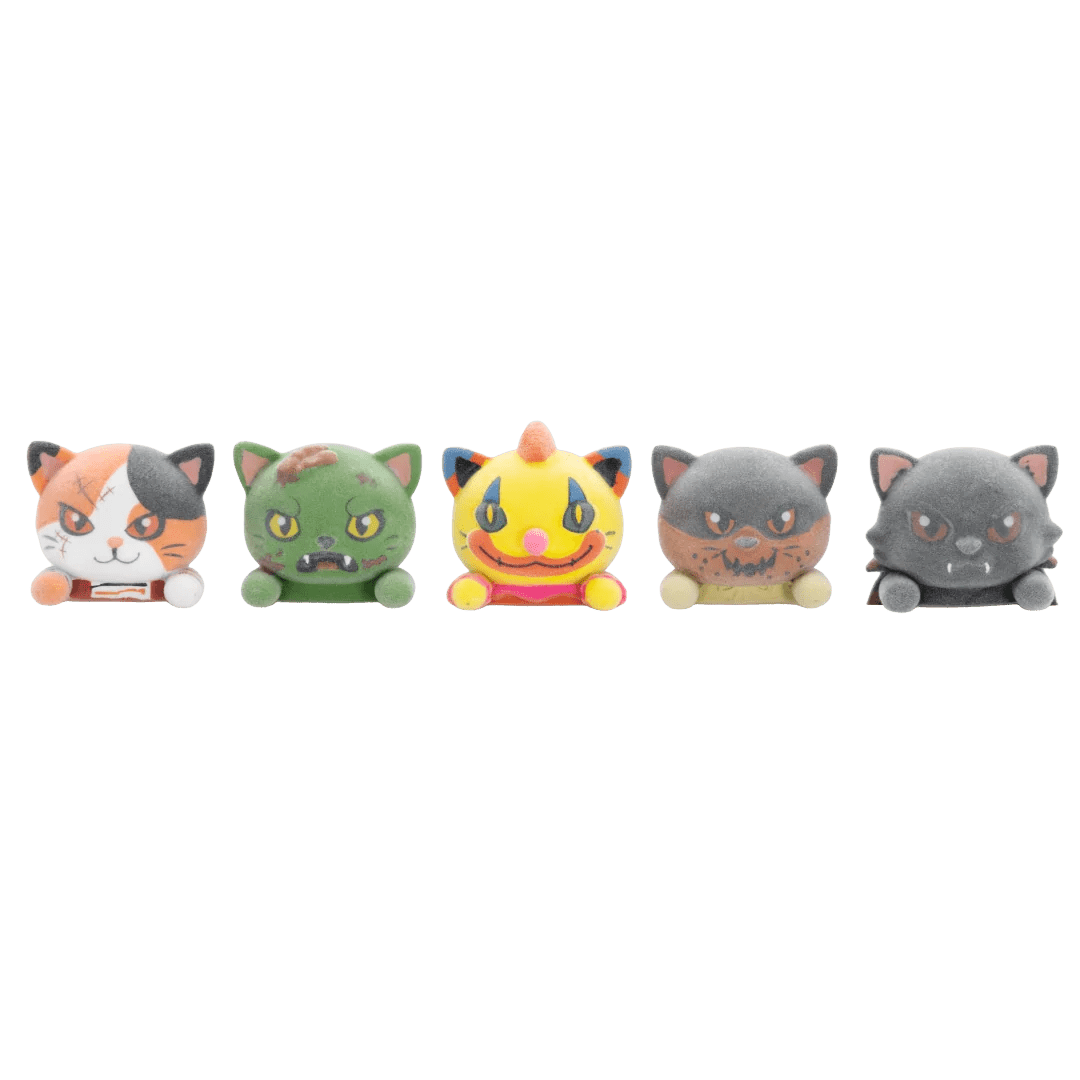 Five small plush cat figures lined up side by side on a plain white background. The cats have distressed, zombie-like or horror-themed painted faces and varied colors: one orange/white/black tri-color cat, one green cat, one yellow cat, one gray cat, and one dark gray cat.
