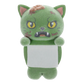 A green plush toy cat with a distressed, zombie-like appearance, featuring yellow eyes, brown scratch marks, and a blank white sign held in front of its body, isolated on a white background.