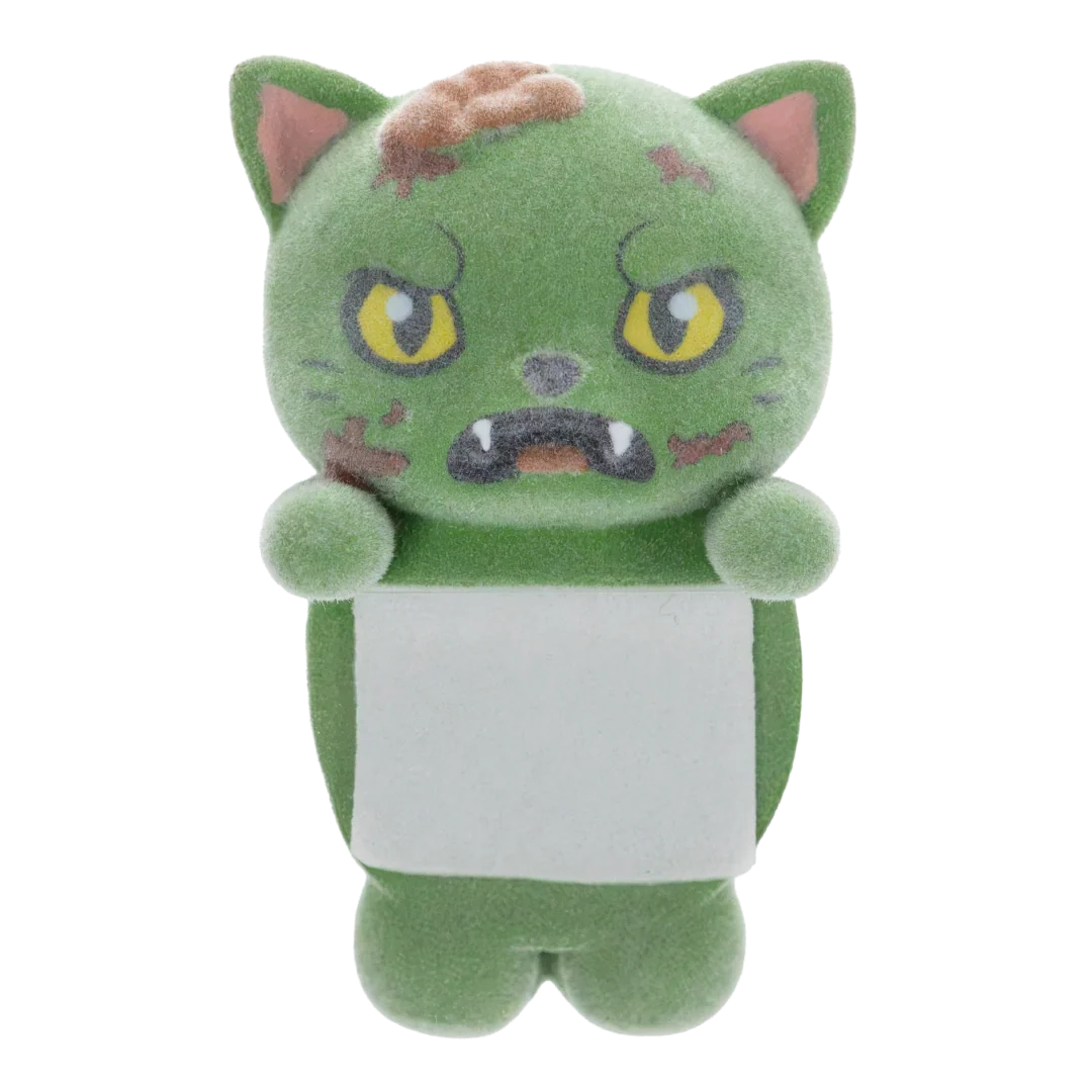 A green plush toy cat with a distressed, zombie-like appearance, featuring yellow eyes, brown scratch marks, and a blank white sign held in front of its body, isolated on a white background.