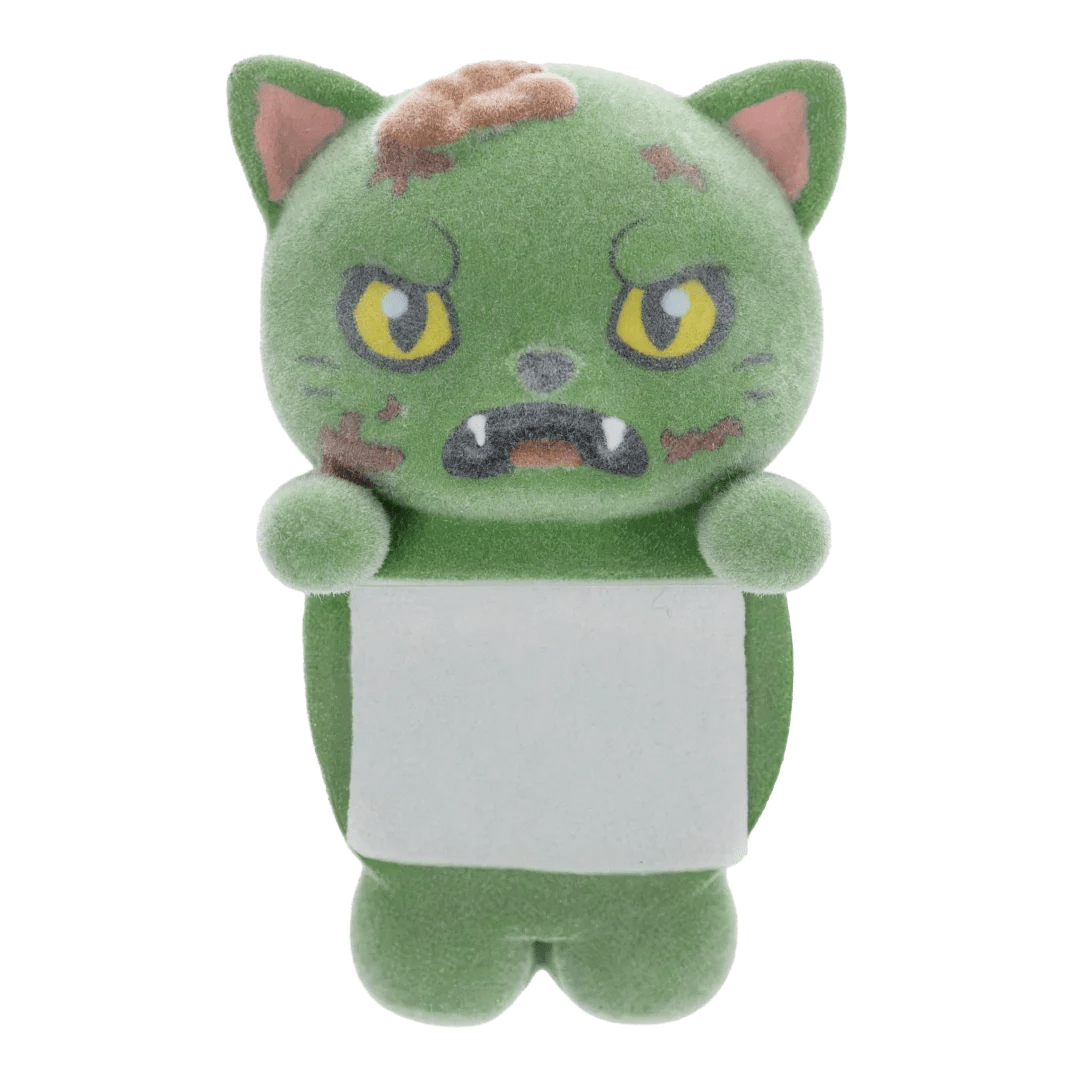 A green plush toy cat with a distressed, zombie-like appearance, featuring yellow eyes, brown scratch marks, and a blank white sign held in front of its body, isolated on a white background.