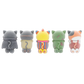 Five small cat-shaped figurines shown from the back in a row on a plain white background. The figures have different colorways: gray, pale yellow, yellow with orange and blue stripes, green, and orange and white.