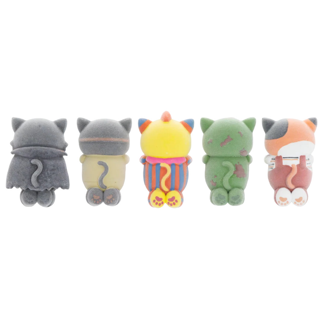 Five small cat-shaped figurines shown from the back in a row on a plain white background. The figures have different colorways: gray, pale yellow, yellow with orange and blue stripes, green, and orange and white.