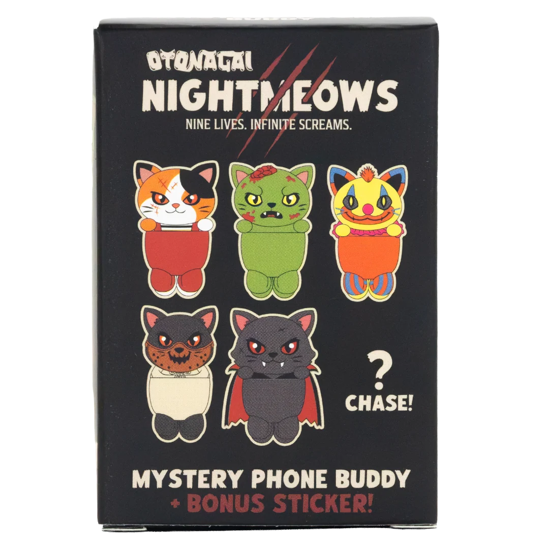 A black rectangular product box for 'Otonagai Nightmeows' featuring cartoon cat illustrations and text reading 'Mystery Phone Buddy + Bonus Sticker!'.