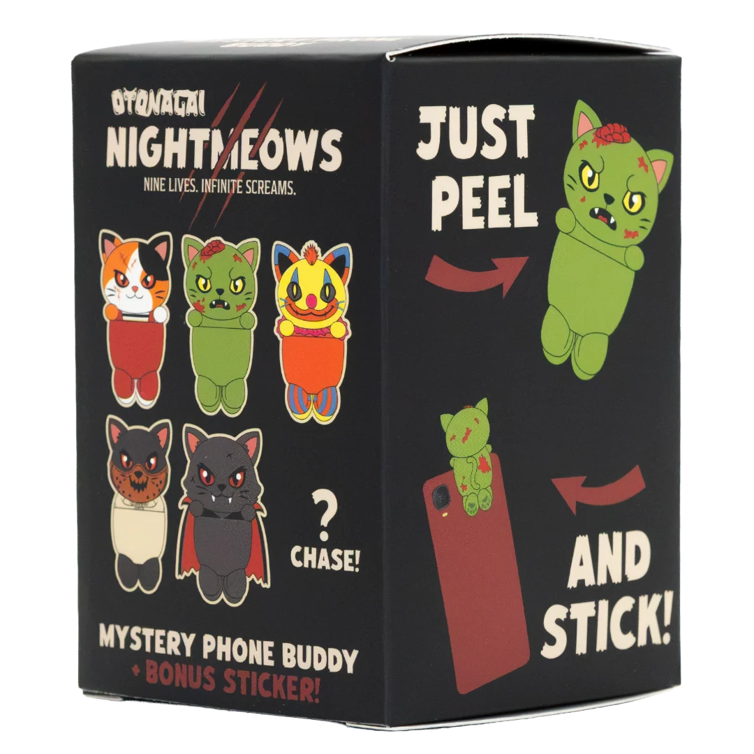 A black mystery phone accessory box labeled 'Gonachi Nightmeows' with illustrated cat characters and text reading 'Just Peel and Stick!' and 'Mystery Phone Buddy Bonus Sticker!'.