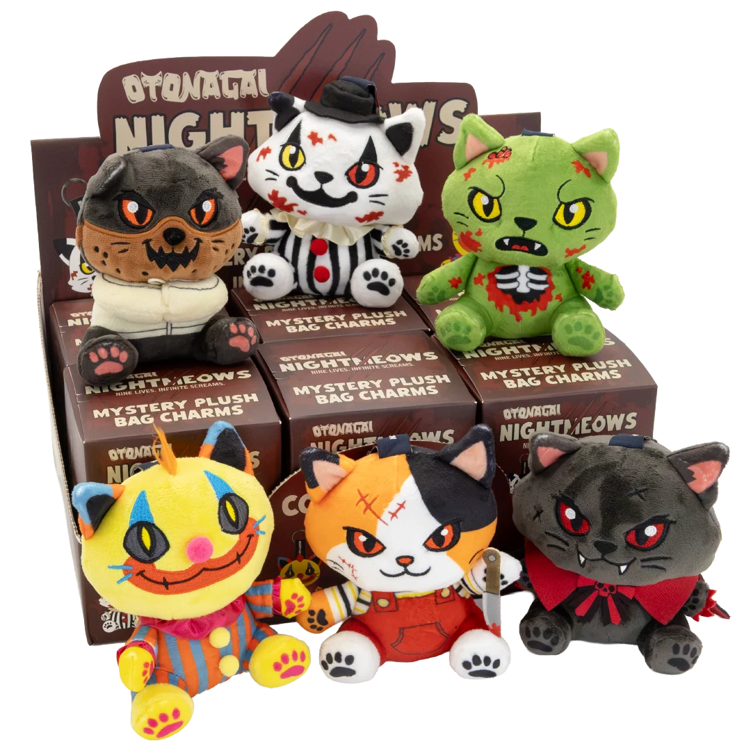 Six Otomachi Night Owls plush bag charms displayed in front of their branded cardboard packaging boxes on a clean white background.
