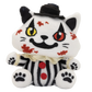 A white plush cat toy styled like a horror clown, wearing a black top hat, black-and-white striped outfit, and red buttons, with red scratch marks and one yellow and one red eye on a plain white background.