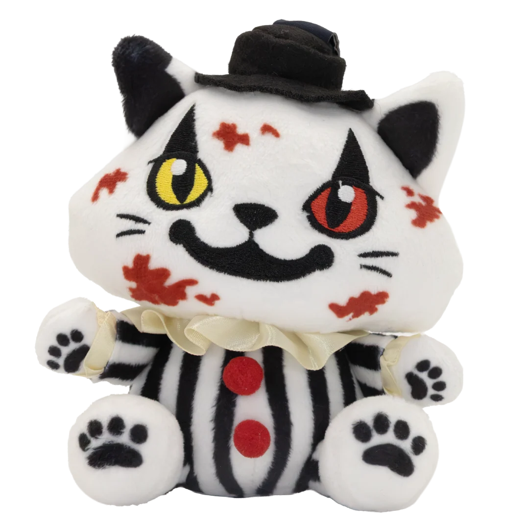 A white plush cat toy styled like a horror clown, wearing a black top hat, black-and-white striped outfit, and red buttons, with red scratch marks and one yellow and one red eye on a plain white background.