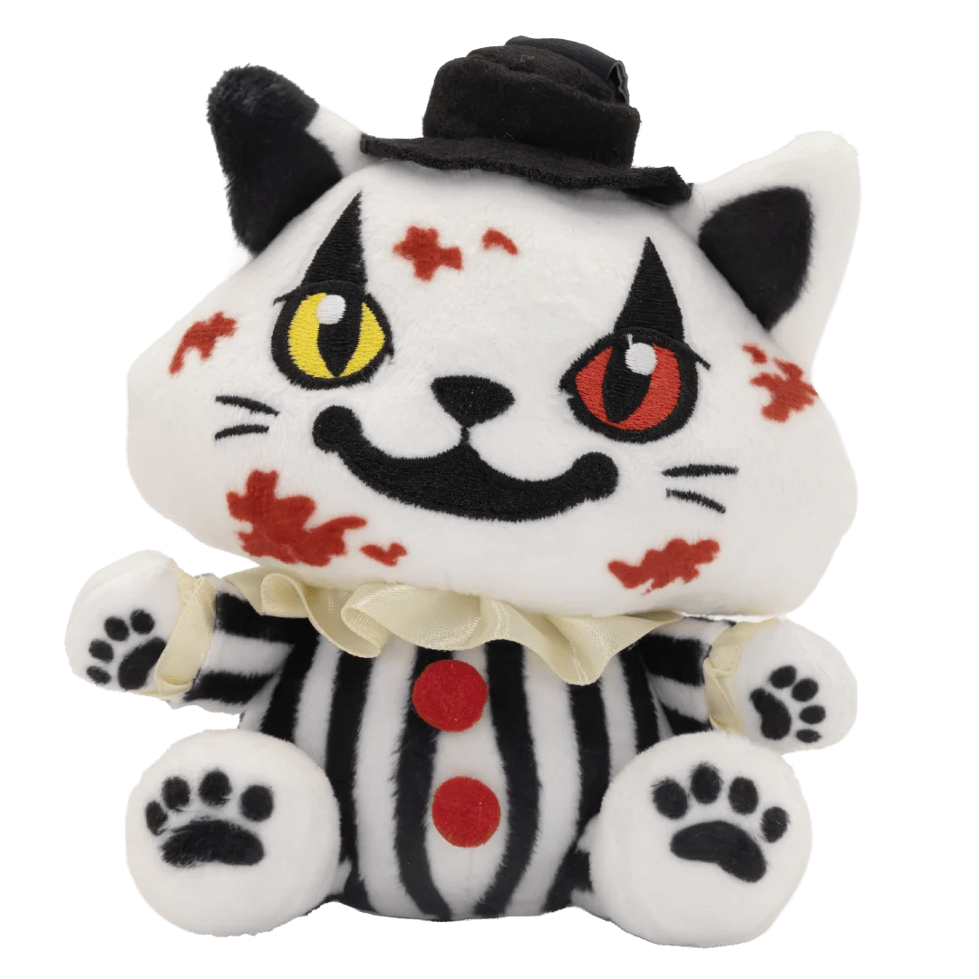 A white plush cat toy styled like a horror clown, wearing a black top hat, black-and-white striped outfit, and red buttons, with red scratch marks and one yellow and one red eye on a plain white background.