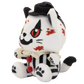 A white plush cat toy dressed in a black-and-white striped clown outfit with red pom-poms, a cream ruffle collar, and a black hat, shown on a plain white background.