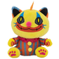 A plush toy cat character with a round yellow head, blue and orange ear accents, a pink nose, embroidered smile, and a striped orange and blue outfit with yellow paws and feet, isolated on a white background.
