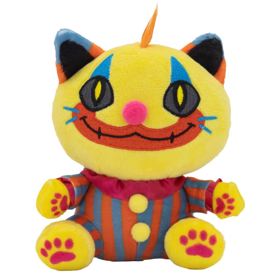 A plush toy cat character with a round yellow head, blue and orange ear accents, a pink nose, embroidered smile, and a striped orange and blue outfit with yellow paws and feet, isolated on a white background.