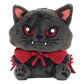 A plush toy of a cute, dark gray vampire cat with red eyes, a red cape, and a red bow tie with a small skull emblem, set against a plain white background.