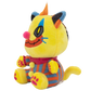 A yellow plush cat toy with blue, orange, pink, and black accents, sitting against a plain white background.