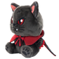 A plush toy of a dark gray cat dressed as a vampire, featuring red eyes, a red cape with a black collar, and small white fangs, set against a plain white background.
