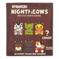 Front of a 'Otonagi Nightmeows' mystery plush bag charms package, showing six cartoon cat keychain/charm designs on a dark reddish-brown background with text including 'Nine Lives. Infinite Screams.