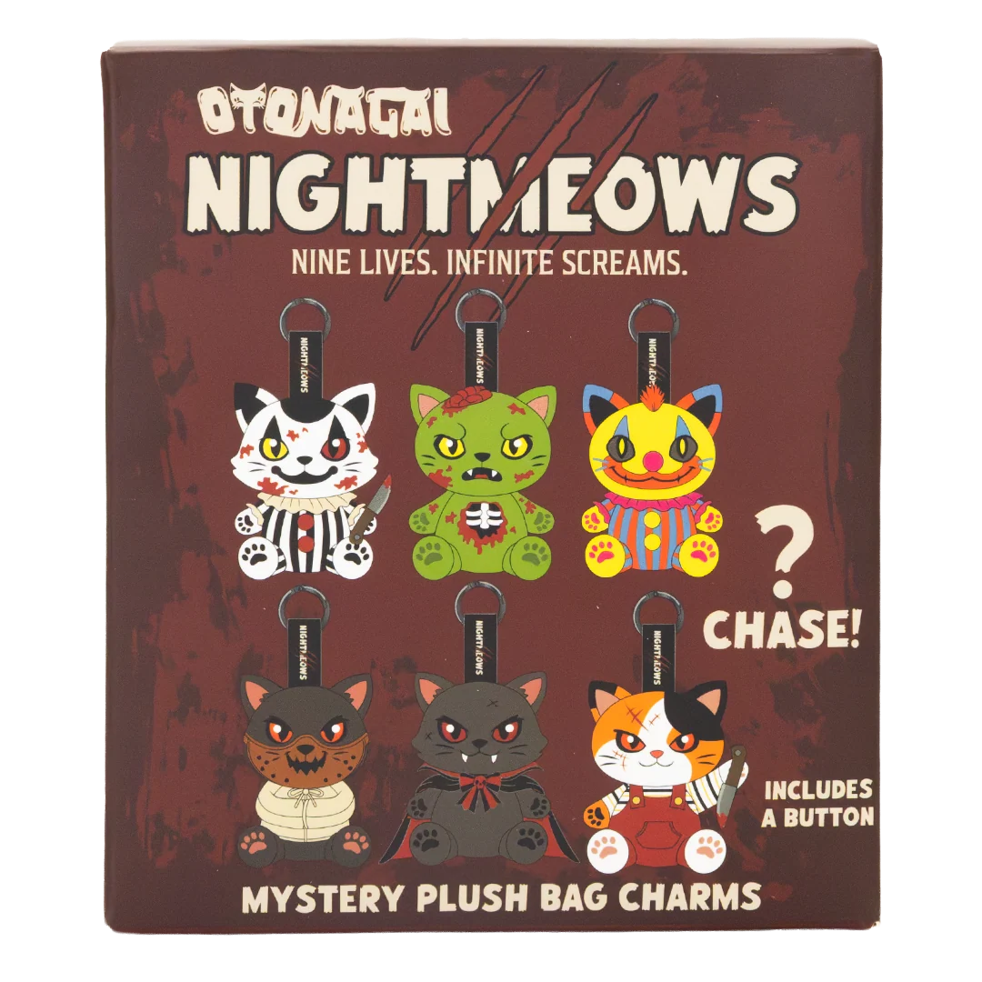 Front of a 'Otonagi Nightmeows' mystery plush bag charms package, showing six cartoon cat keychain/charm designs on a dark reddish-brown background with text including 'Nine Lives. Infinite Screams.