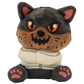 A plush toy shaped like a stylized cat or wolf head wearing a cream-colored sweater, with dark gray fur, a brown snout, and orange eyes, shown against a plain white background.