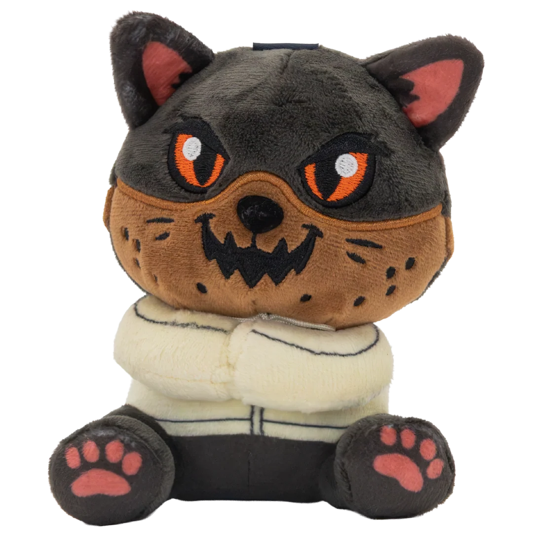 A plush toy shaped like a stylized cat or wolf head wearing a cream-colored sweater, with dark gray fur, a brown snout, and orange eyes, shown against a plain white background.