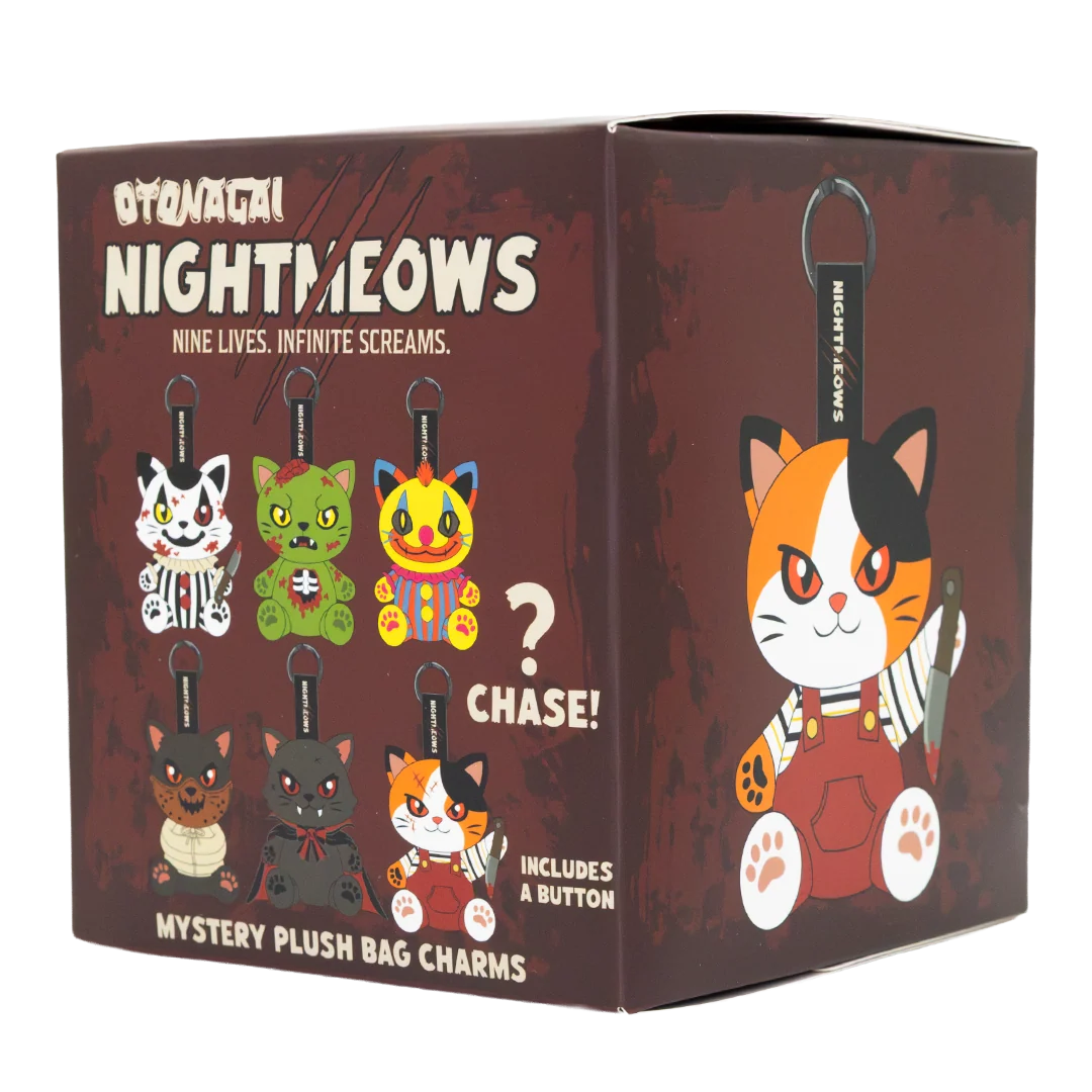 A boxed product labeled 'Otomachi Nightmeows' showing a dark brown mystery plush bag charms package with illustrated cat characters, keychain charms, and text including 'Nine lives. Infinite screams.