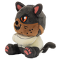 A plush toy of a stylized, cartoonish wolf or cat character with a dark gray and brown fur pattern, orange eyes, and a cream-colored shirt, shown against a plain white background.