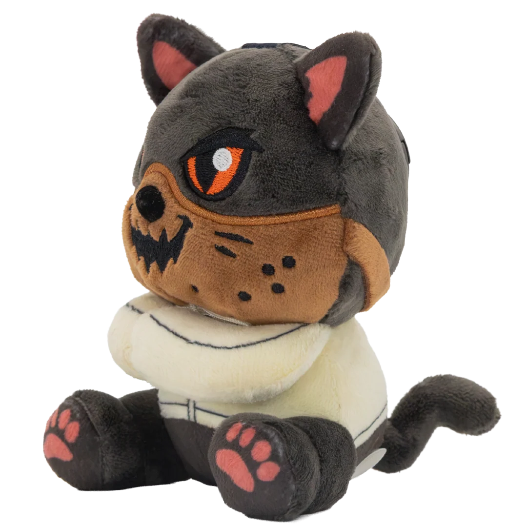 A plush toy of a stylized, cartoonish wolf or cat character with a dark gray and brown fur pattern, orange eyes, and a cream-colored shirt, shown against a plain white background.