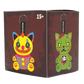 A boxed collectible product shown at a slight angle on a plain white background. The box is dark reddish-brown with distressed texture and features two cartoon cat illustrations on the front and side panels: one yellow clown-like cat with blue, orange, and red details, and one green zombie-like cat with blood marks and a white cross on its chest.