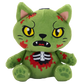 A green plush zombie cat toy with yellow eyes, red blood splatters, a black nose and mouth, and a white-and-red ribcage graphic on the chest, shown on a plain white background.