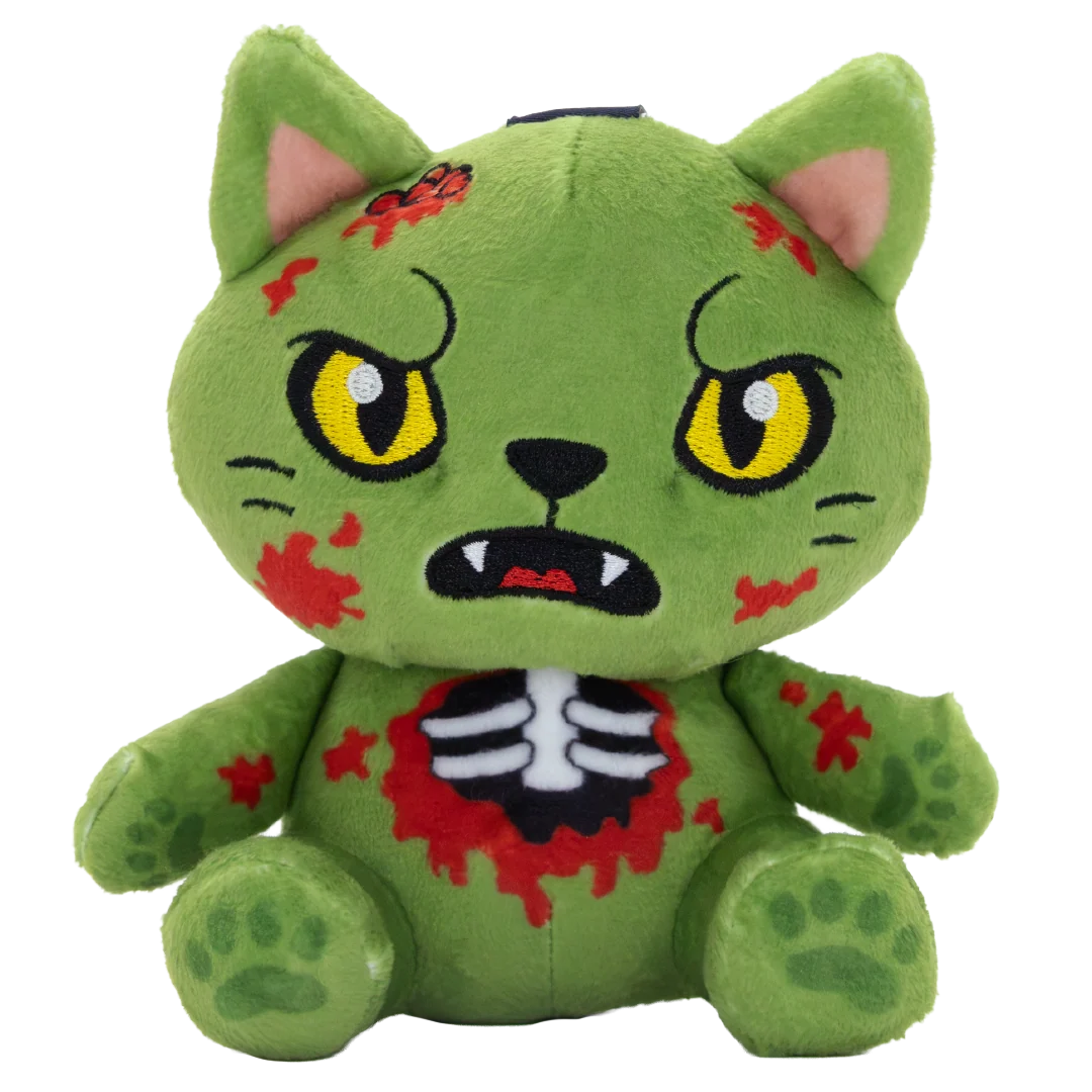 A green plush zombie cat toy with yellow eyes, red blood splatters, a black nose and mouth, and a white-and-red ribcage graphic on the chest, shown on a plain white background.